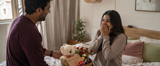 Young Indian man surprising his girlfriend with a romantic gift hamper in a cozy bedroom setting