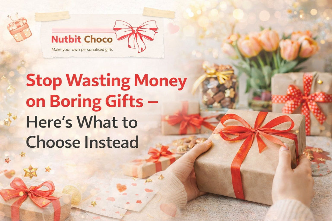 Creative gift ideas banner by Nutbit Choco featuring premium gift boxes, personalized gifting theme, and message about choosing better gifts instead of boring ones.