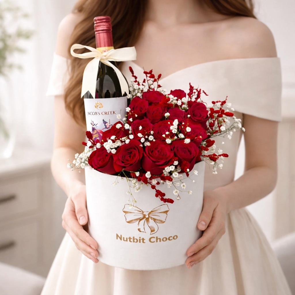 Person holding a bouquet of red roses and a bottle of wine in a box labeled 'Nutbit Choco'.