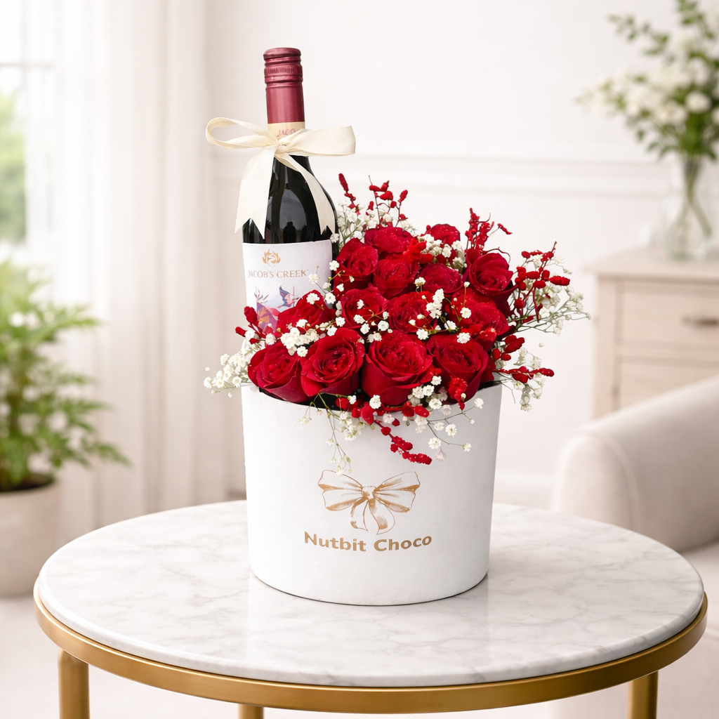 Bottle of wine and bouquet of red roses in a white box on a marble table.