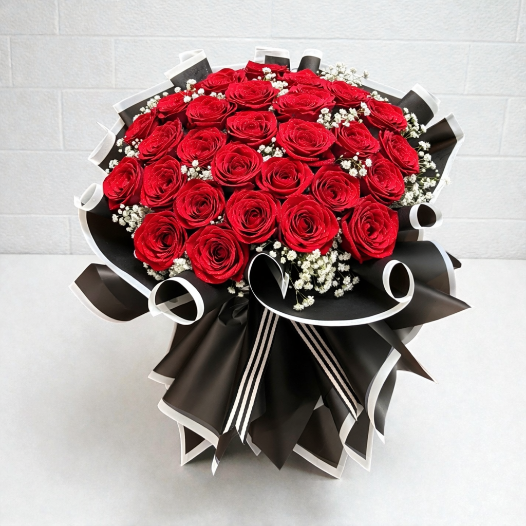 Bouquet of red roses with black and white paper wrapping on a light gray background