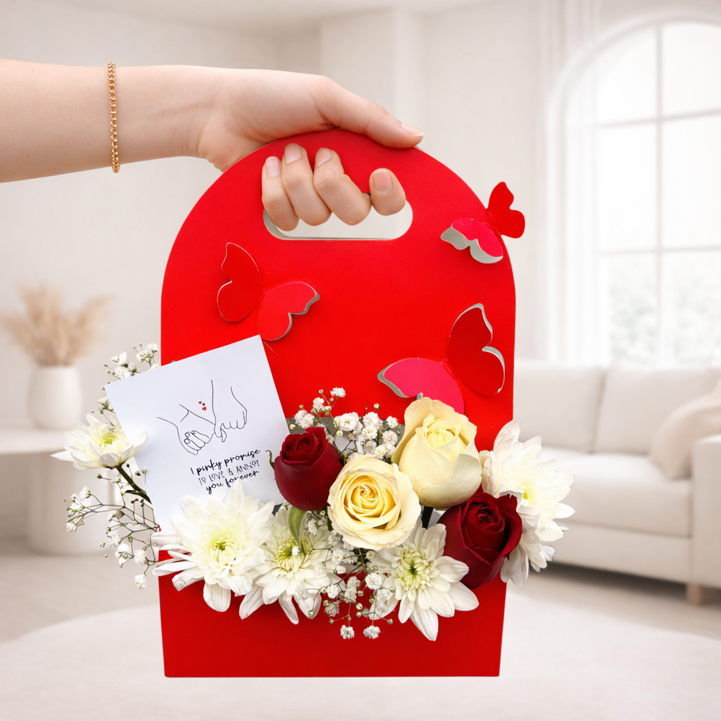 Red gift box with flowers and a card held by a hand in a bright room.