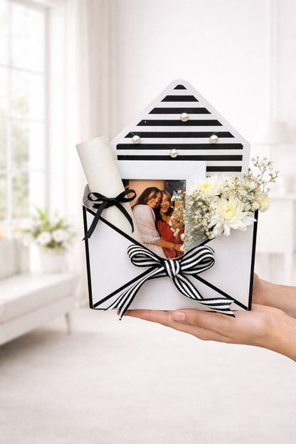 Decorative photo frame with black and white stripes and a bow, held in a hand with a blurred background.