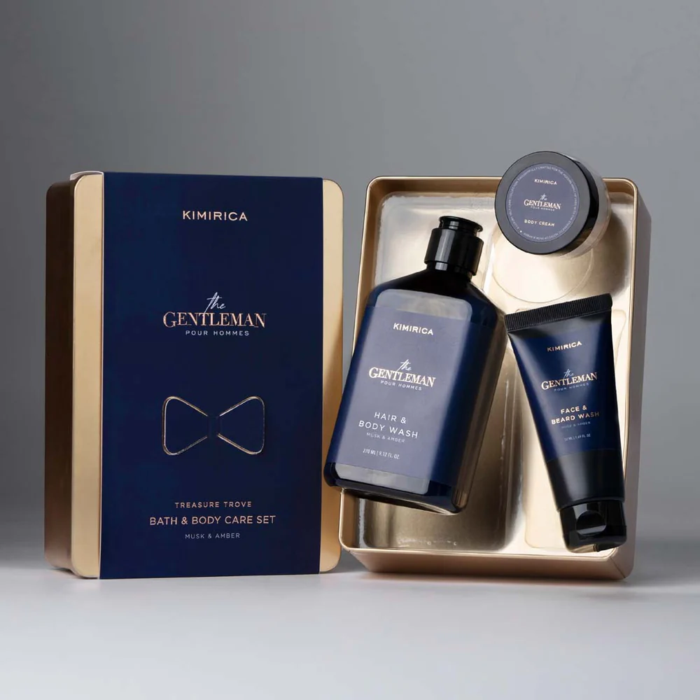 Kimirica Gentleman bath and body care set in a decorative box on a gray background