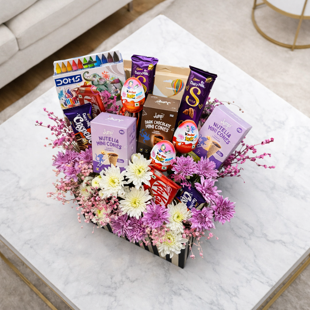 Basket of assorted chocolate bars and flowers on a marble surface