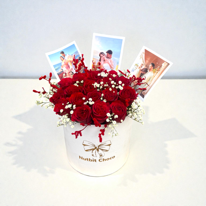 Bouquet of red roses in a white box with 'Nutbit Choco' branding, surrounded by photos on a light background.