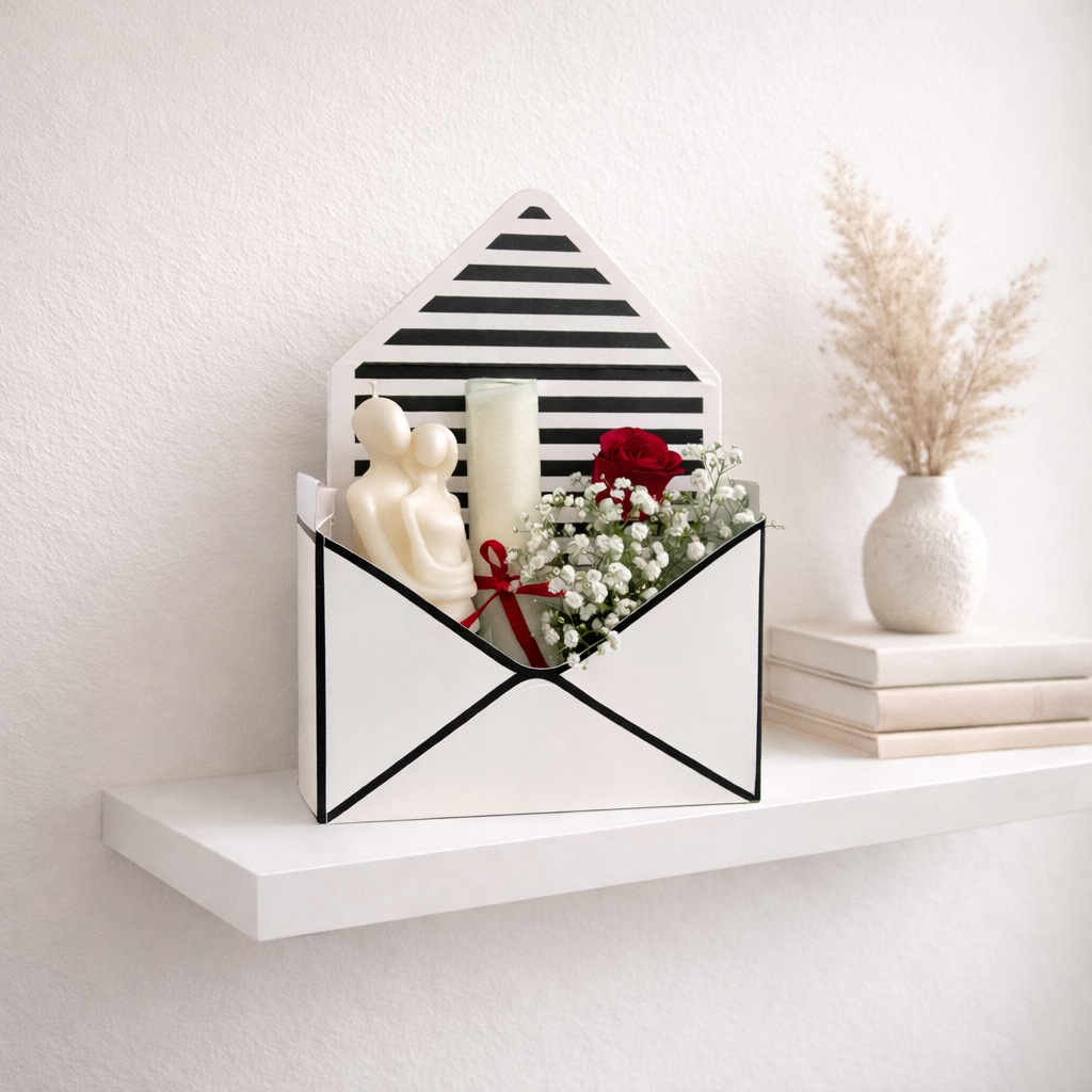 Decorative shelf shaped like an open envelope with a candle, flowers, and a small statue on a white surface.