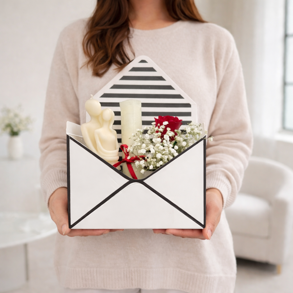 Person holding a decorative box with candles and flowers